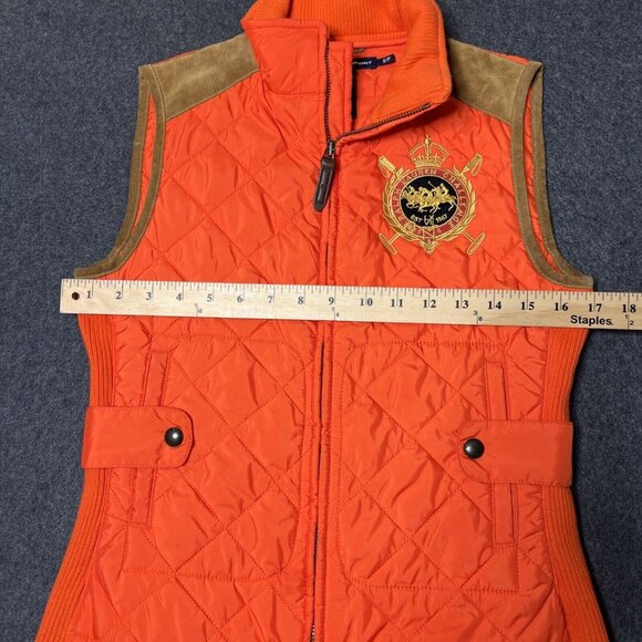 Ralph Lauren Sport Equestrian Crest Quilted Vest Orange Tan Suede Trim Womens SM - Picture 5 of 14
